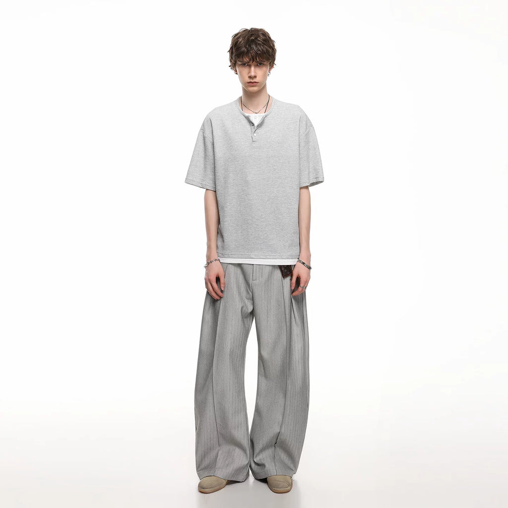 TREND ST American Retro Fake Two Piece Henry Collar Short Sleeve T-shirt for Men and Women Summer Loose Casual Couple T-shirt