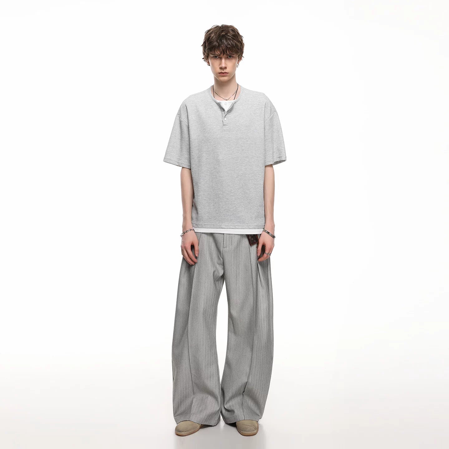 TREND ST American Retro Fake Two Piece Henry Collar Short Sleeve T-shirt for Men and Women Summer Loose Casual Couple T-shirt