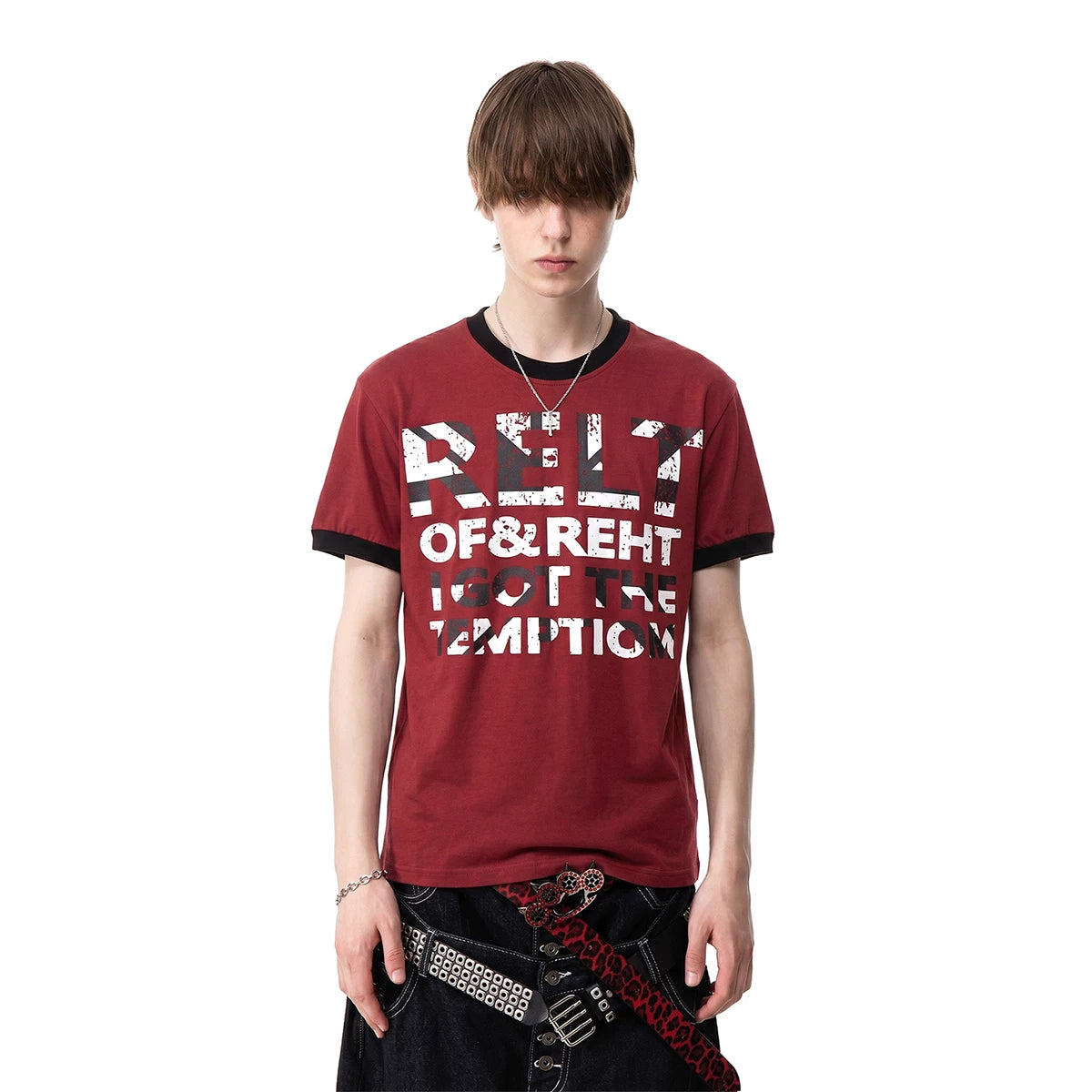TREND ST street light Asian style shoulder short sleeved T-shirt for men in summer, contrasting color round neck slogan printed couple's T-shirt