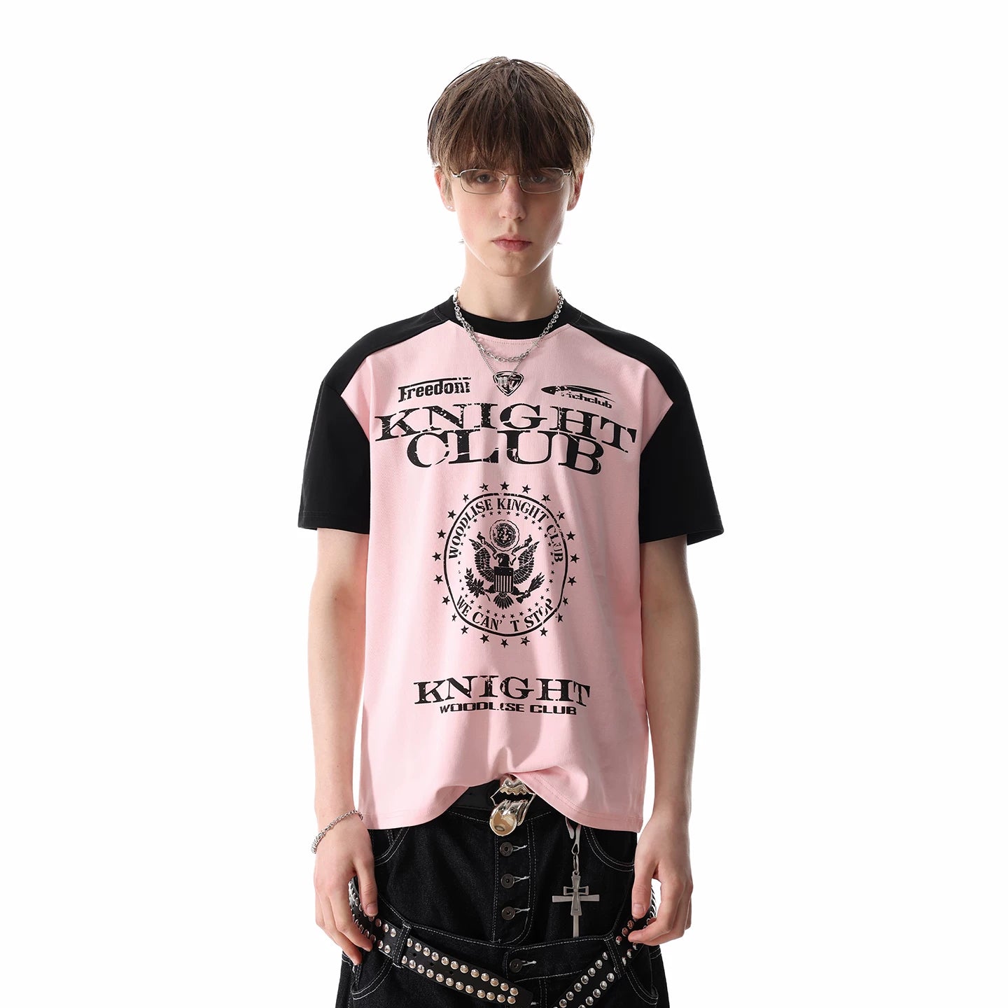 TREND ST light Asian style letter print contrasting front shoulder t-shirt short sleeved men's and women's summer boxy version short top