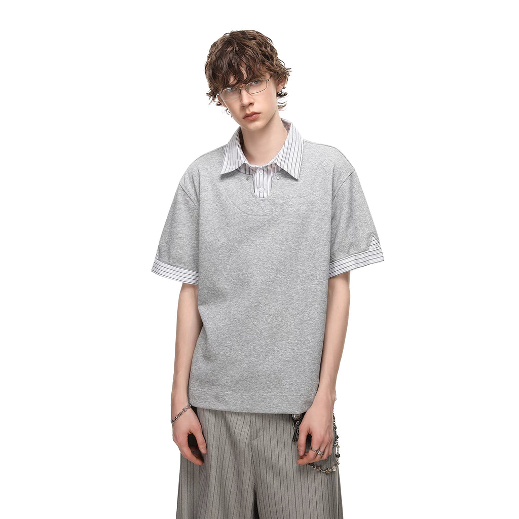 TREND ST fake two-piece striped contrasting polo shirt short sleeved men's and women's summer cleanfit loose collar t-shirt