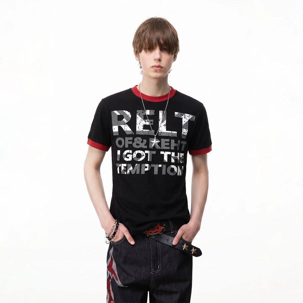 TREND ST street light Asian style shoulder short sleeved T-shirt for men in summer, contrasting color round neck slogan printed couple's T-shirt