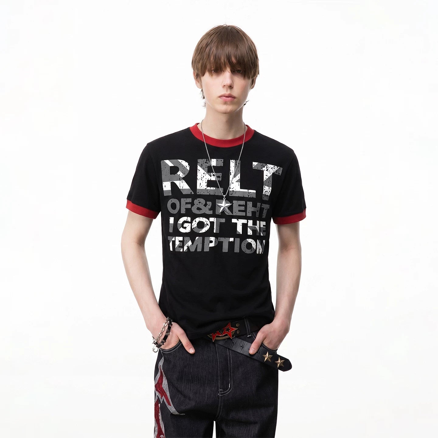 TREND ST street light Asian style shoulder short sleeved T-shirt for men in summer, contrasting color round neck slogan printed couple's T-shirt