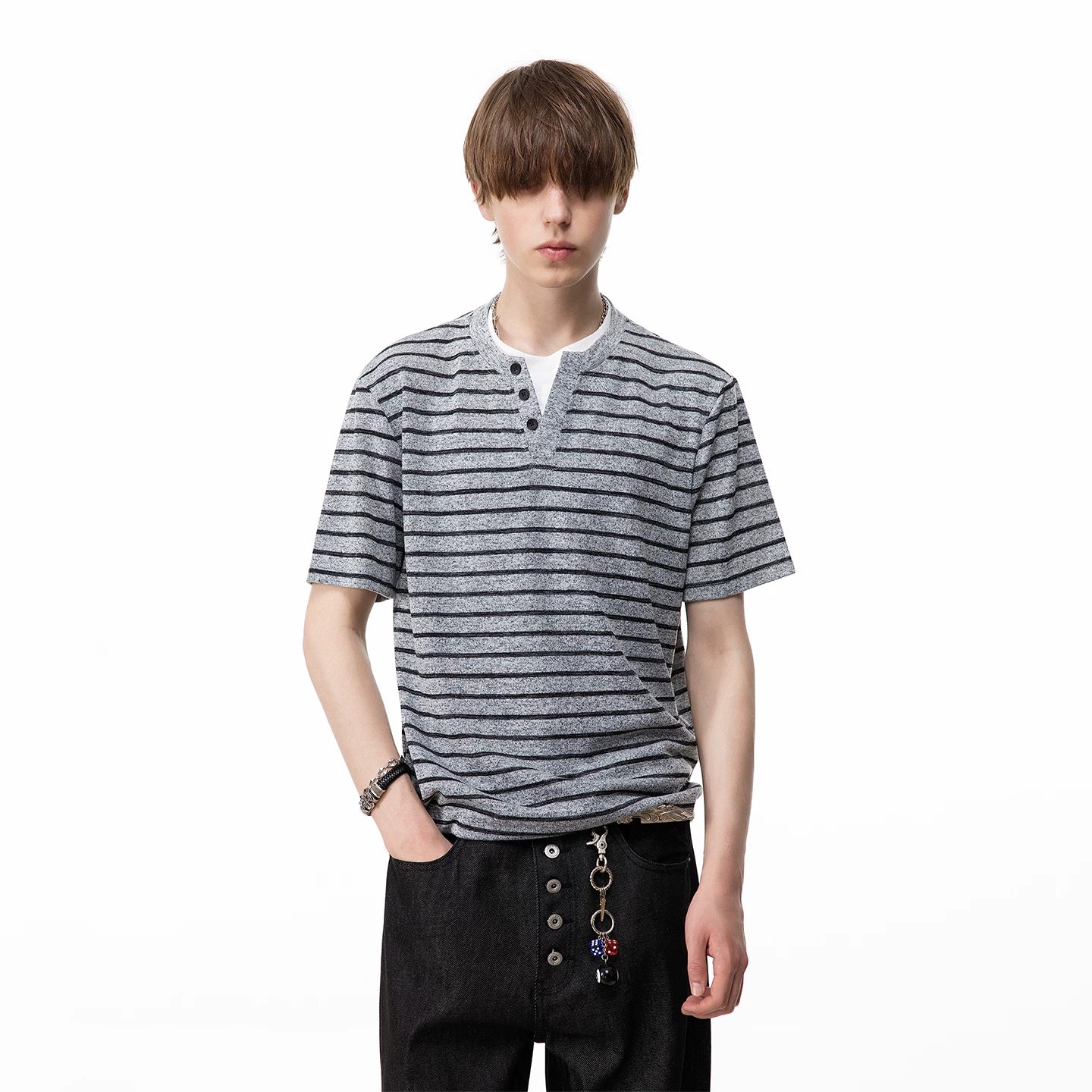 TREND ST Summer Vacation Two Piece Striped Knitted Short Sleeve T-shirt for Men, American Retro Loose Couple Half Sleeve TEE