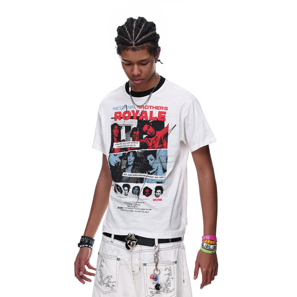 TREND ST American High Street Front Shoulder Boxy Short Style Printed Short Sleeve T-shirt for Men's Summer Hip Hop Band TEE