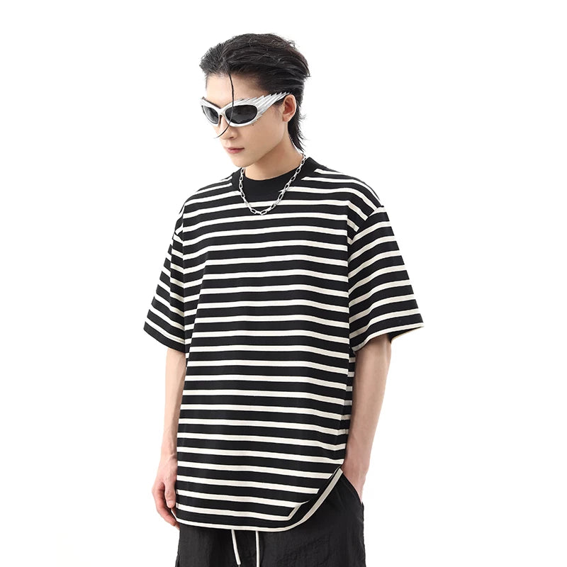 Japanese retro cityboy loose striped short sleeved t-shirt men's summer ins trendy brand small collar couple half sleeved tee