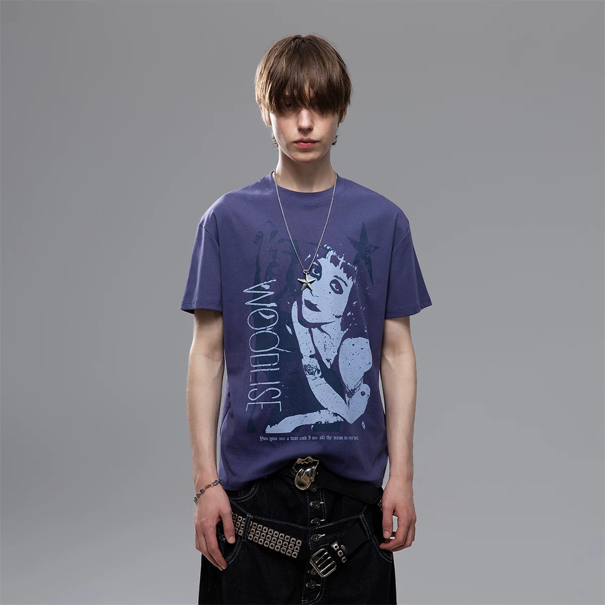TREND ST Street Light Asian Punk Character Printed Short sleeved T-shirt for Men and Women Summer Boxy Shoulder Couple Top