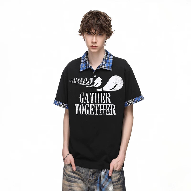 Trendy Street American Retro Checkered Collar T-shirt Men's Summer Loose Design Printed Polo Shirt Short Sleeve