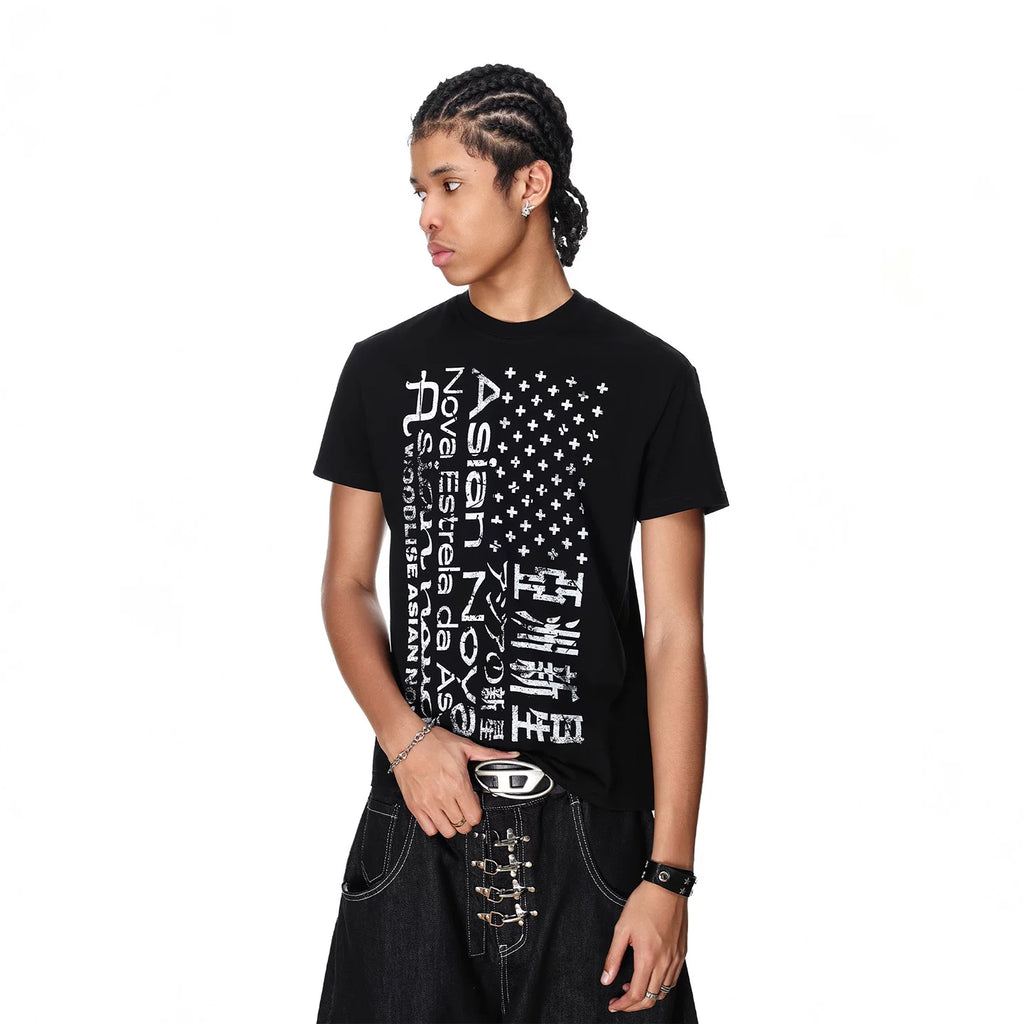 Visual style shoulder boxy style light Asian style short sleeved T-shirt for couples in summer printed short half sleeved T-shirt