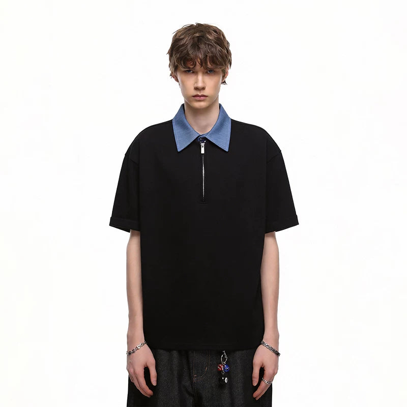 Fake two contrasting color lapel miu department college style short sleeved T-shirt for men and couples, Korean version trendy shirt collar T-shirt