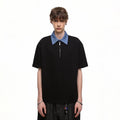 Fake two contrasting color lapel miu department college style short sleeved T-shirt for men and couples, Korean version trendy shirt collar T-shirt