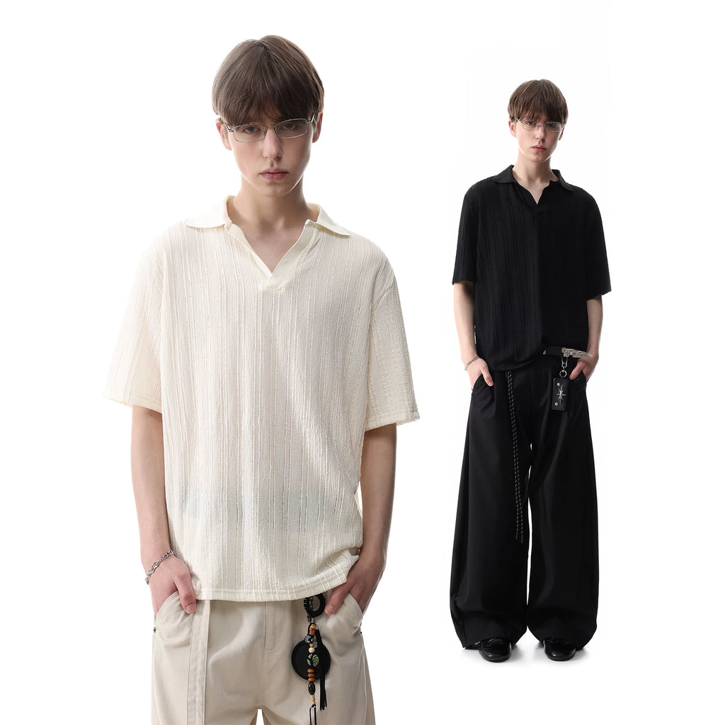 TREND ST vintage style seagull collar short sleeved polo shirt for men, summer loose texture flip collar knitted T-shirt