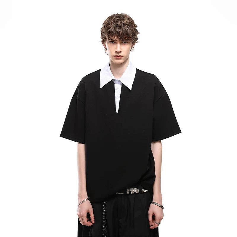 Trendy block cleanfit fake two piece shirt collar short sleeved T-shirt men's summer loose college style polo shirt top