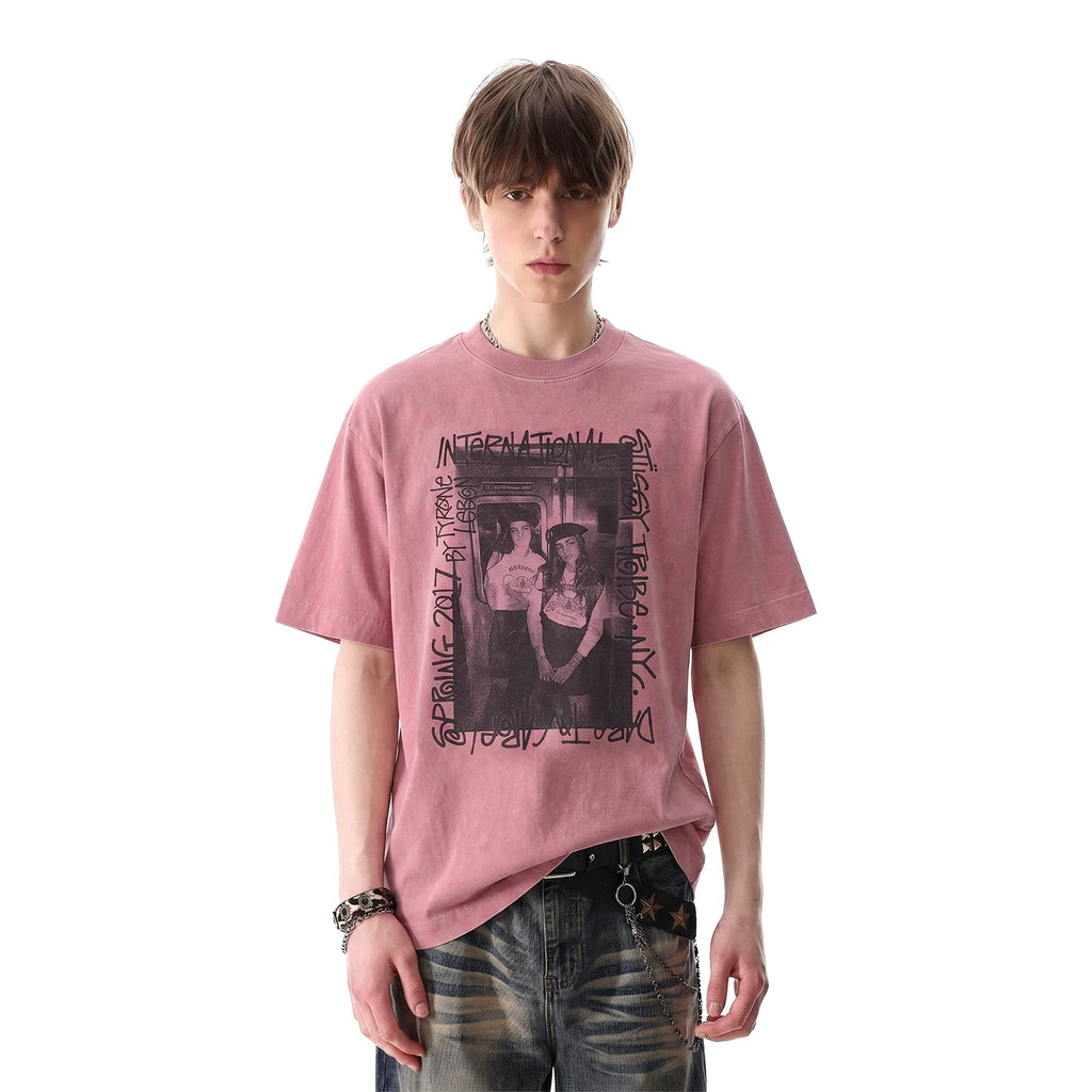 Light Asian Street Punk Vintage Character Printed Short Sleeve T-shirt for Men's Trendy Summer Loose Heavy Cotton Half Sleeve T-shirt