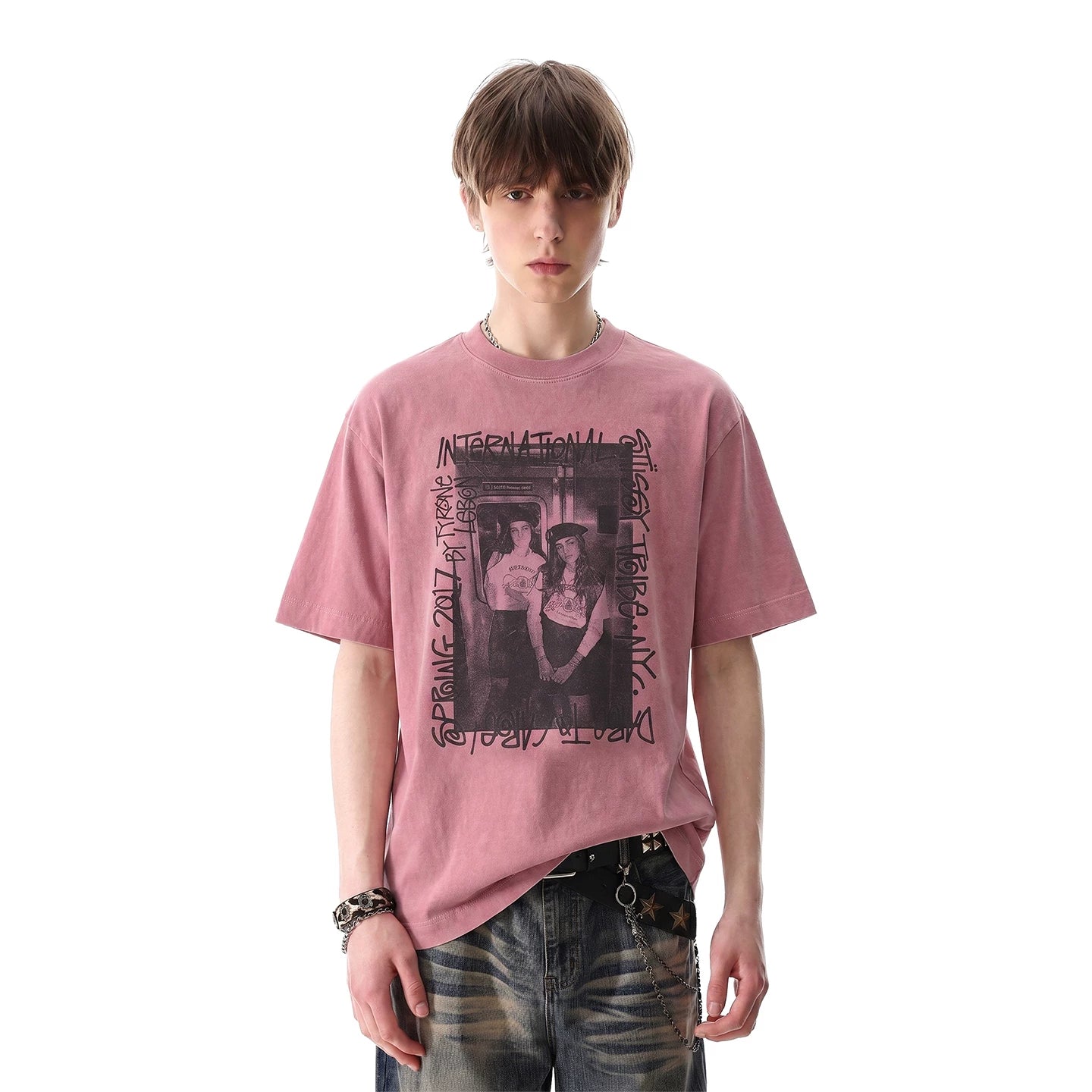 Light Asian Street Punk Vintage Character Printed Short Sleeve T-shirt for Men's Trendy Summer Loose Heavy Cotton Half Sleeve T-shirt