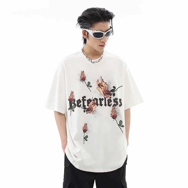 American street flame rose print short sleeved T-shirt for men's summer fashion trend, loose half sleeved couple T-shirt