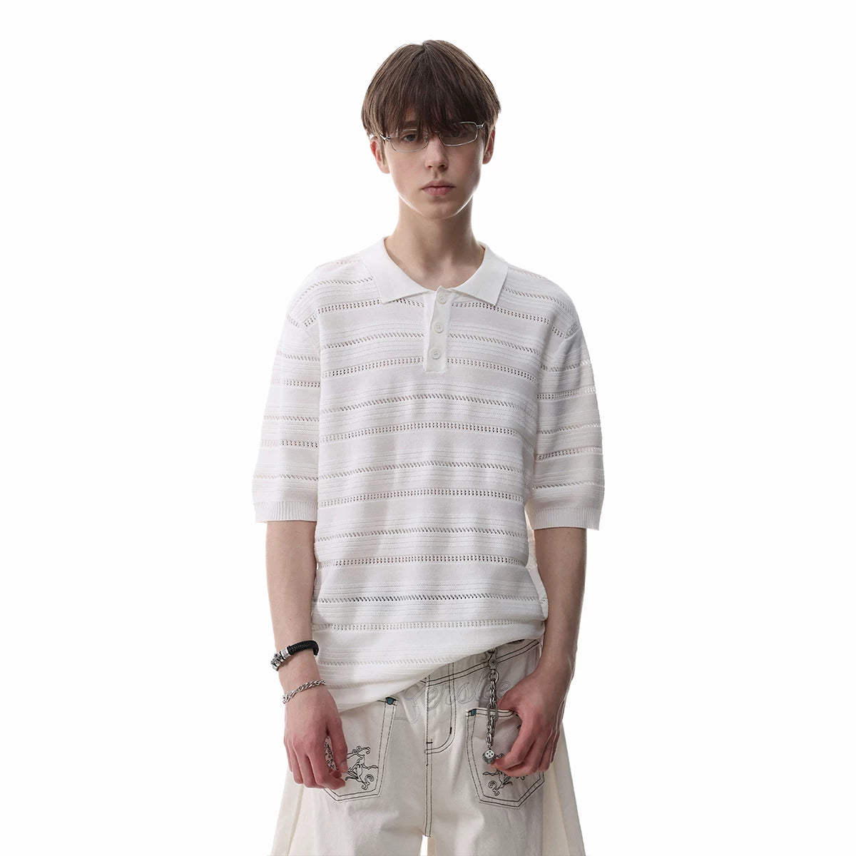 Trendy block light luxury old money style hollow striped knitted polo shirt short sleeved men's summer loose couple half sleeved T-shirt