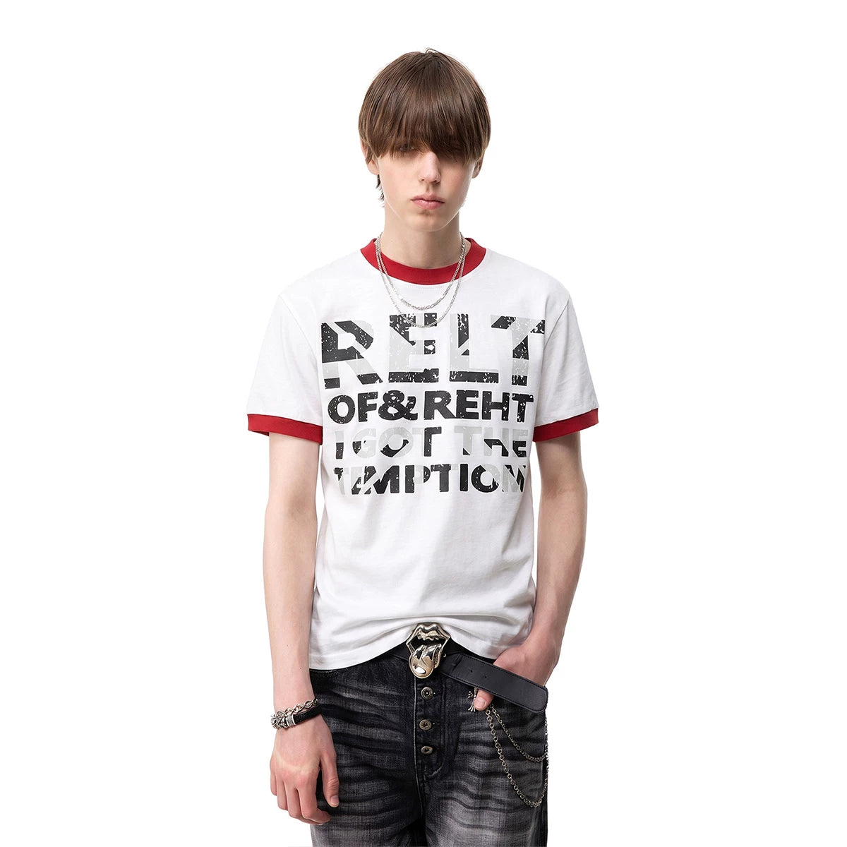 TREND ST street light Asian style shoulder short sleeved T-shirt for men in summer, contrasting color round neck slogan printed couple's T-shirt