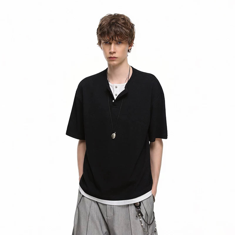 TREND ST Summer Retro Vacation Two Henley Collar Short Sleeve T-shirts for Men and Women Couple American Casual Loose Half Sleeve