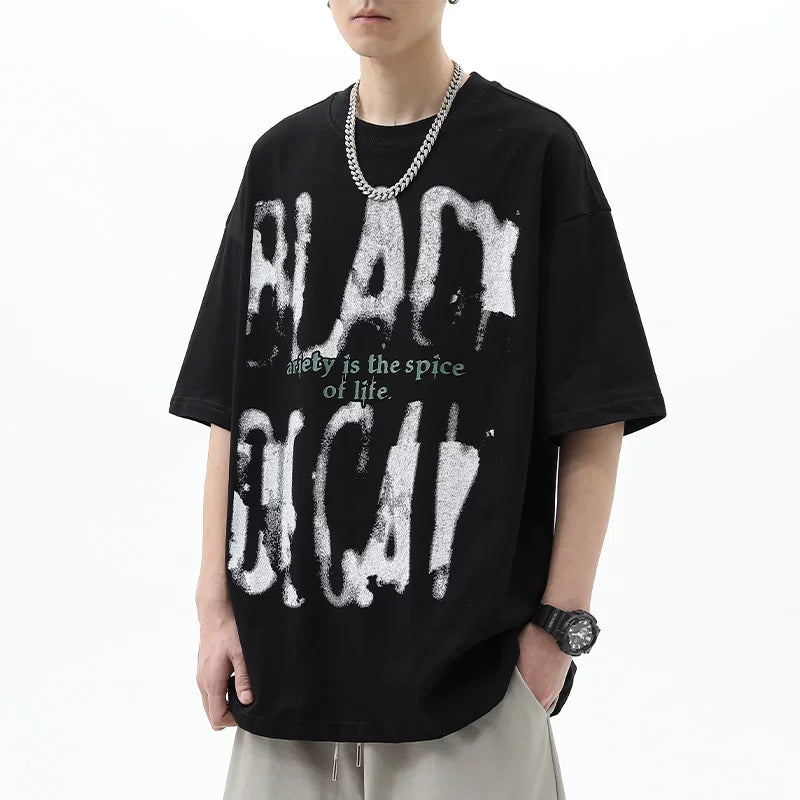 Trendy Block Trendy Brand American Graffiti Letter Short Sleeve T-shirt Men's Loose High Street Design Sense Summer Half Sleeve Couple Ins