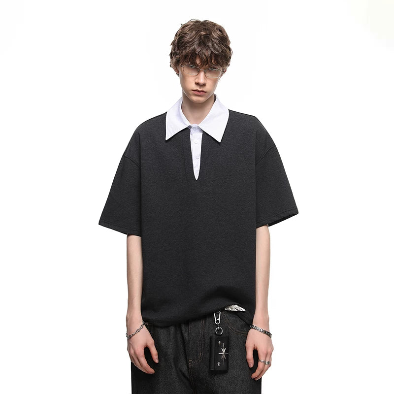 American style fake two-piece spliced polo shirt short sleeved men's and women's summer loose design T-shirt versatile couple outfit half sleeved