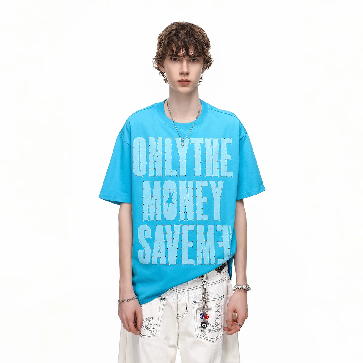 Trendy block American high street design with hot diamond letter print short sleeved T-shirt for men in summer, loose cotton half sleeved tee