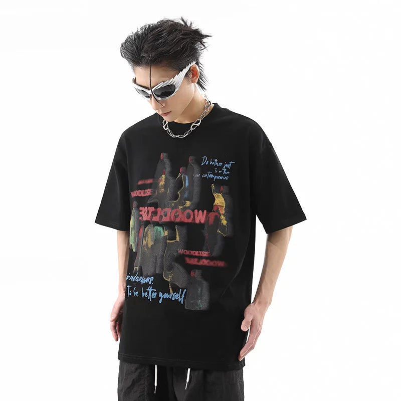 American street dyed short sleeved T-shirt for men and women, summer hip-hop fashion brand, figure print, loose couple half sleeved T-shirt