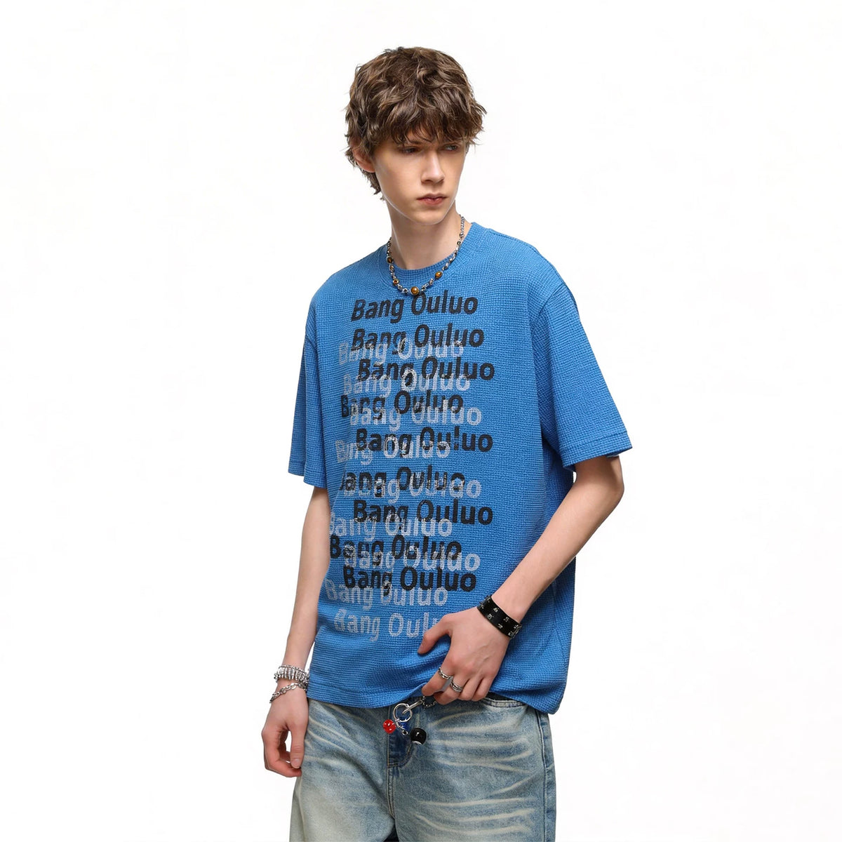 TREND ST American retro washed vintage printed short sleeved T-shirt for men's summer loose heavyweight waffle top