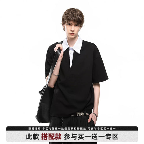 American style fake two-piece spliced polo shirt short sleeved men's and women's summer loose design T-shirt versatile couple outfit half sleeved