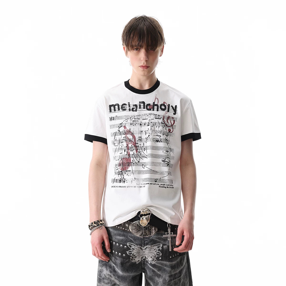 TREDN ST Original Street Note Score Printed Solona T-shirt Men's Summer Boxy Short Shoulder Short Sleeve