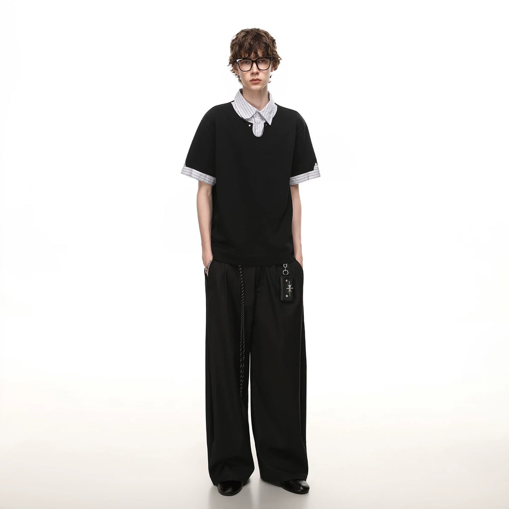 TREND ST fake two-piece striped contrasting polo shirt short sleeved men's and women's summer cleanfit loose collar t-shirt