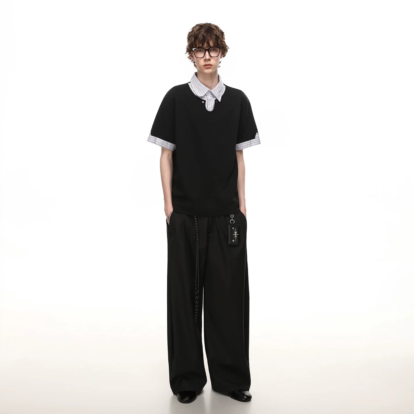 TREND ST fake two-piece striped contrasting polo shirt short sleeved men's and women's summer cleanfit loose collar t-shirt