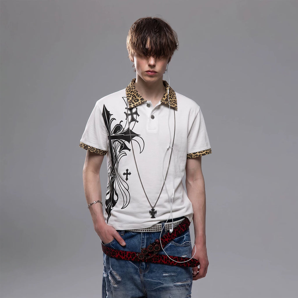 Light Asian street punk cross print shoulder T-shirt short sleeved men's summer boxy version leopard print patchwork polo shirt