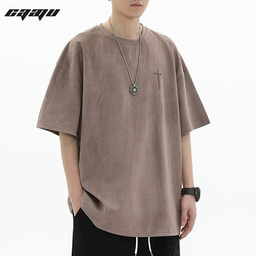 American retro embroidered suede short sleeved T-shirt for men's summer fashion brand hip-hop loose couple casual half sleeved T-shirt