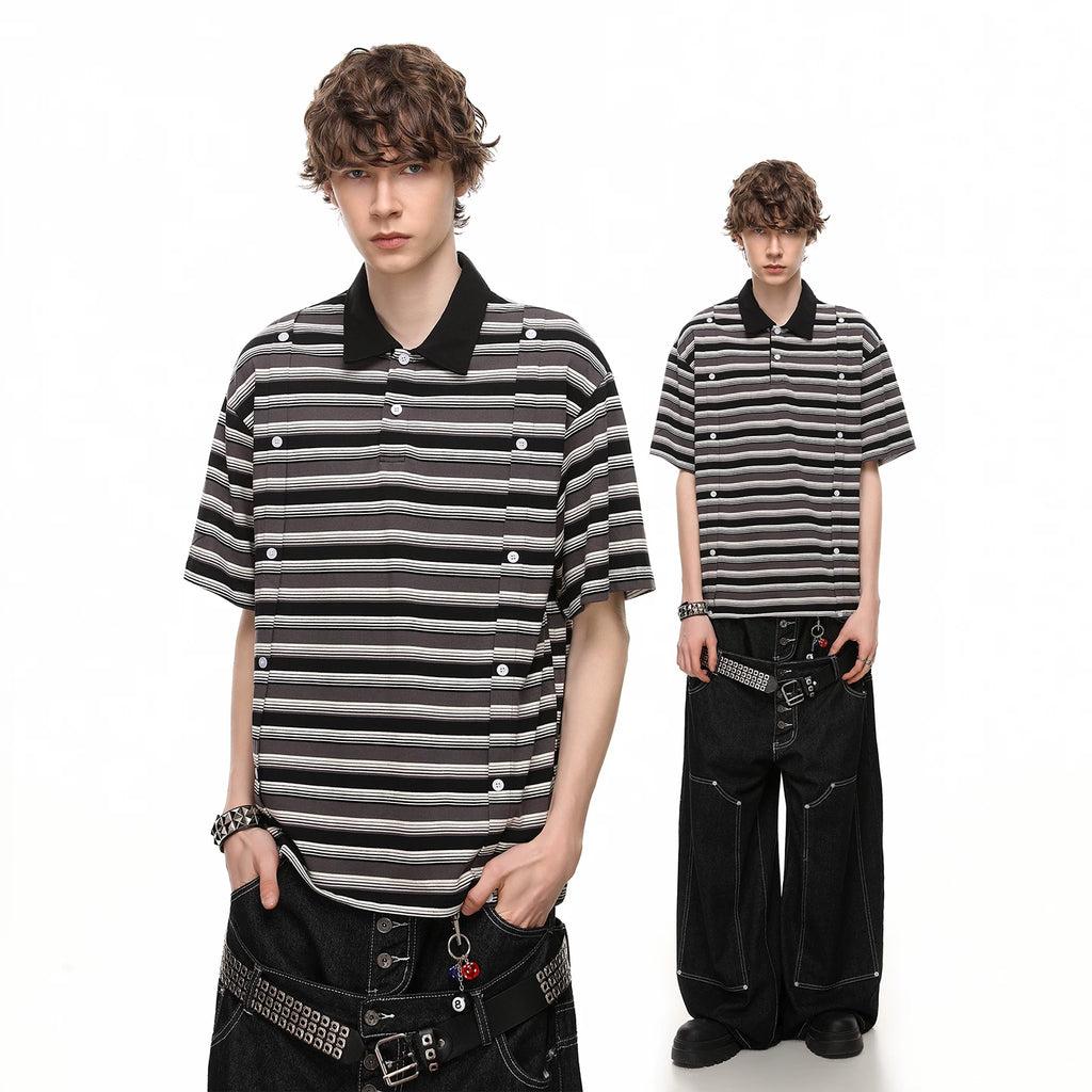 TREND ST American retro striped silhouette loose short sleeved polo shirt men's summer design double breasted T-shirt