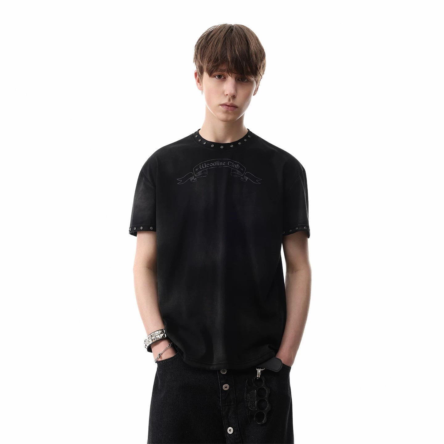 Visual style light Asian style vintage tie dye printed short sleeved men's summer shoulder boxy version rivet punk T-shirt