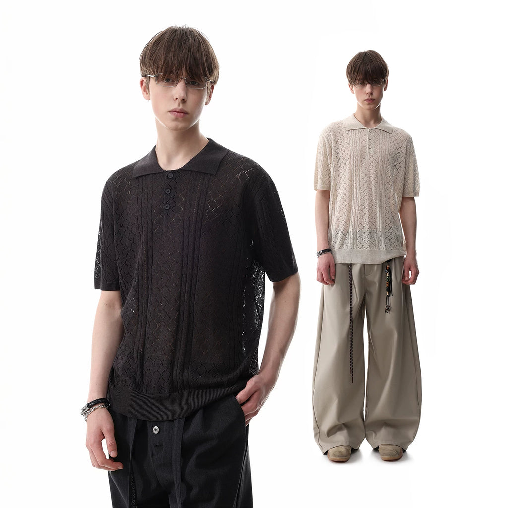 TREND ST Linen Old Money Wind Hollow Breathable Wheat Ear Jacquard Knitted Polo Shirt Men's Summer Short sleeved T-shirt