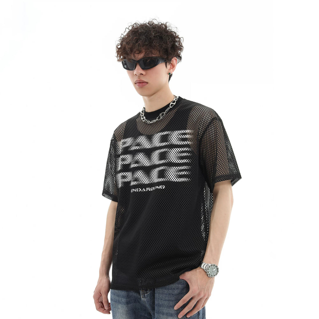 Trend st 25 year summer American fashion brand spider web hollow breathable semi transparent short sleeved T-shirt for couples