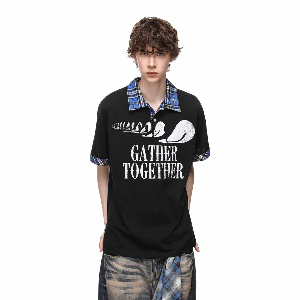 Trendy Street American Retro Checkered Collar T-shirt Men's Summer Loose Design Printed Polo Shirt Short Sleeve