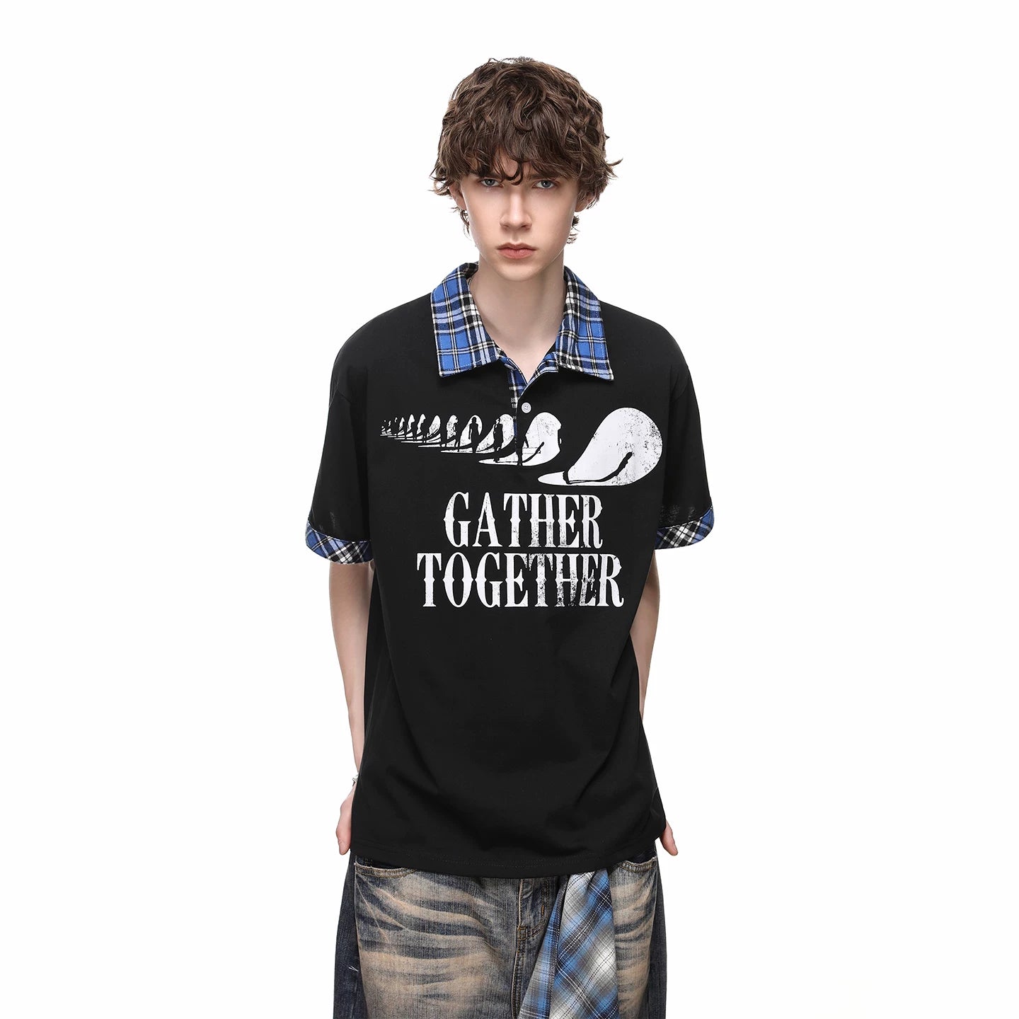 Trendy Street American Retro Checkered Collar T-shirt Men's Summer Loose Design Printed Polo Shirt Short Sleeve