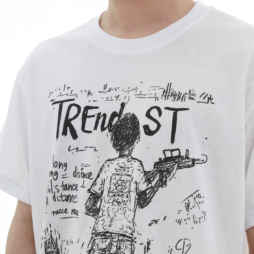 TREND ST War Short Sleeve Loose Short Width Boxy Edition Direct Spray Printed Summer Cool Breathable Micro Transparent T-shirt