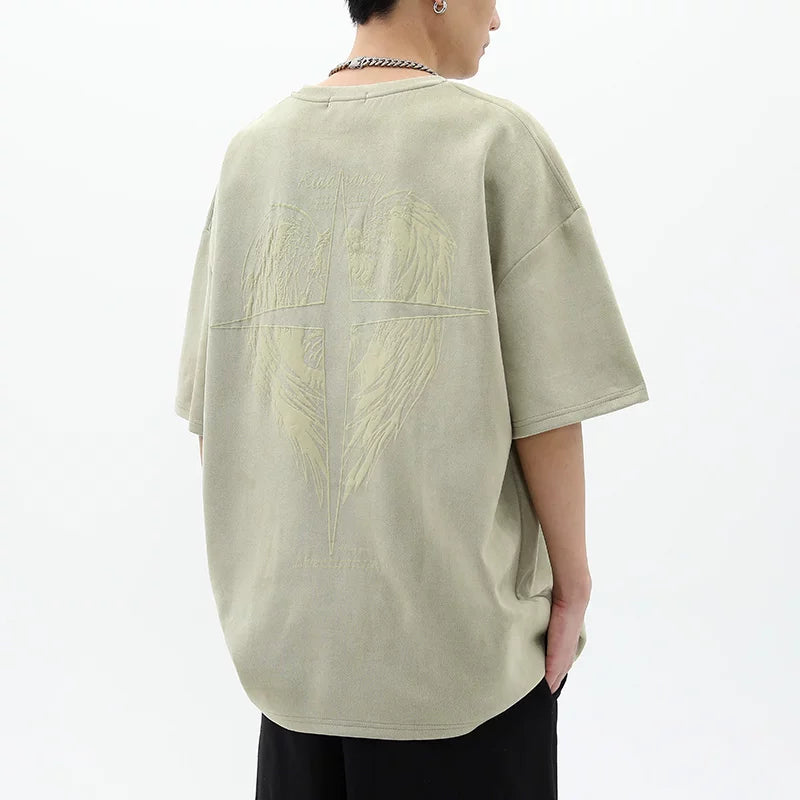 American high street suede angel cross short-sleeved T-shirt men's summer European and American retro loose oversize top
