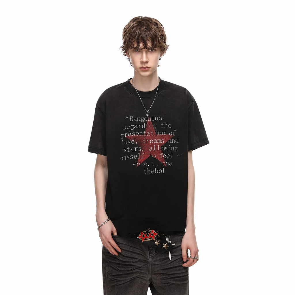 Trendy block American retro vintage vintage gradient short sleeved T-shirt for men's summer loose star print 350g heavyweight half sleeve