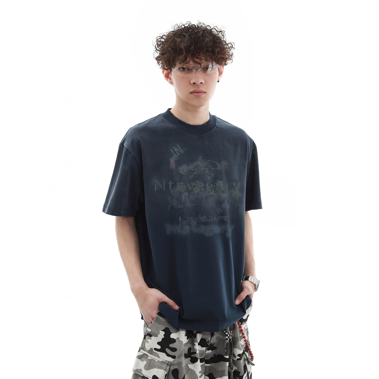 300g heavy-duty wash water gradient small neckline short sleeved T-shirt for men's summer trendy brand, stiff and loose, pure cotton half sleeved T-shirt