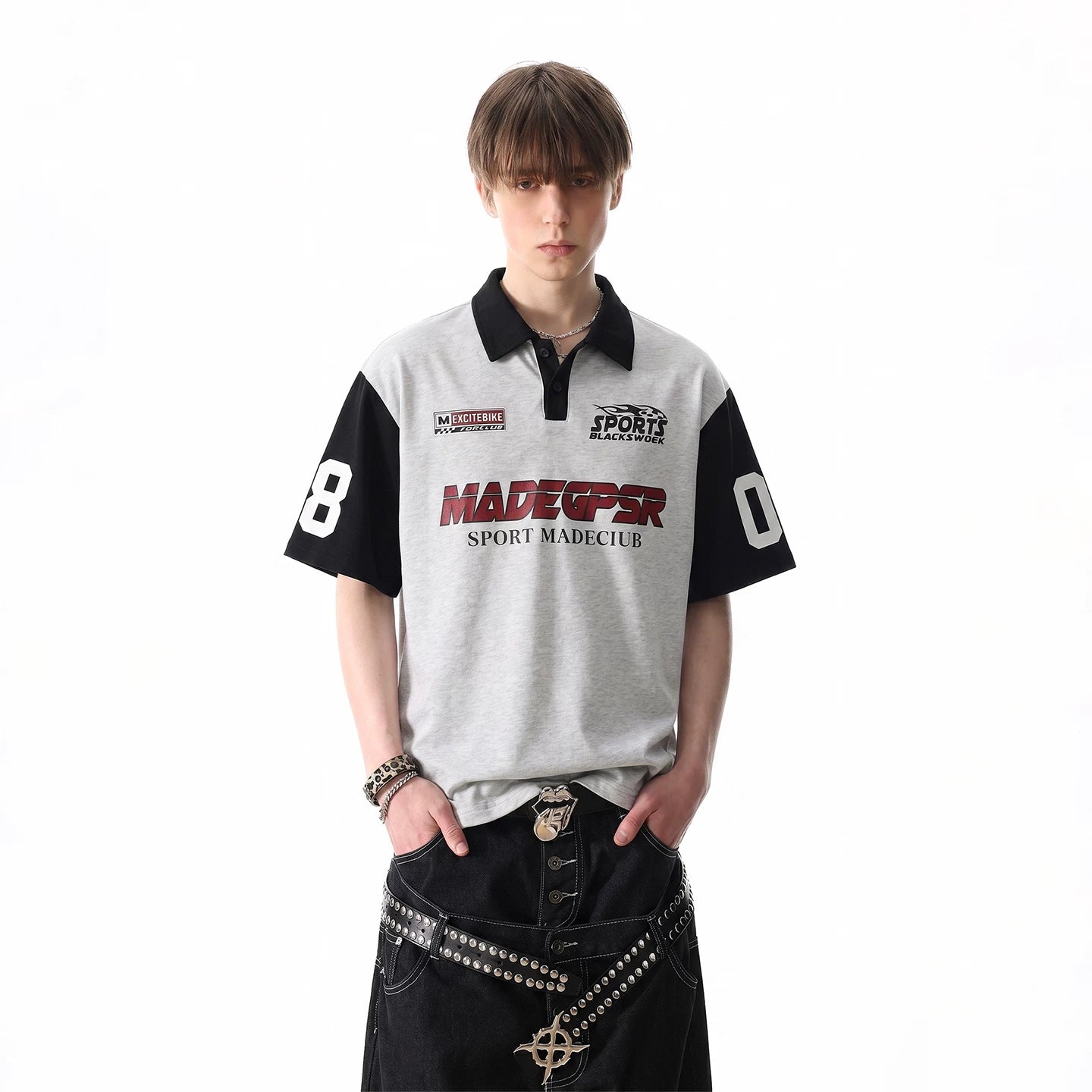 TREND ST American fashion racing style printed polo shirt short sleeved men's and women's summer loose collar cool T-shirt