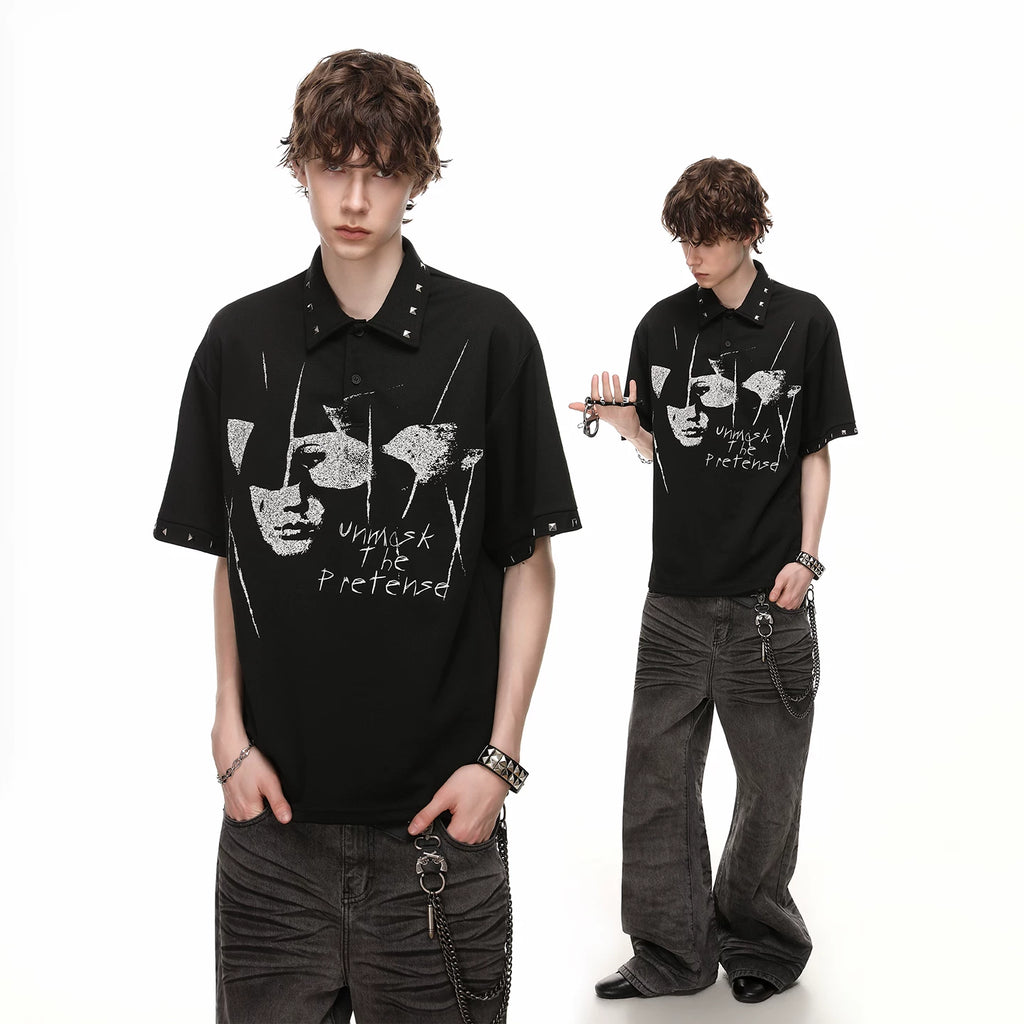 Original Design Light Asian Punk Character Printed Polo Shirt Short Sleeve Men's Summer Retro Loose Rivet Collar T-shirt