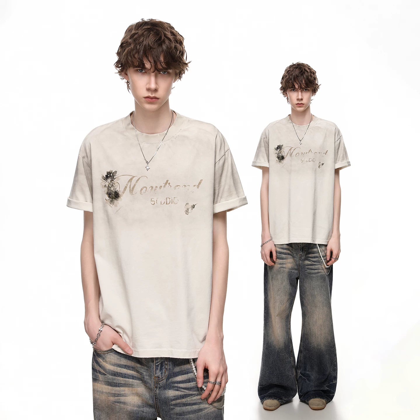 TREND ST Summer Loose Heavy Weight 300g Pure Cotton Short sleeved Men's American Retro Washed Outdated Printed T-shirt