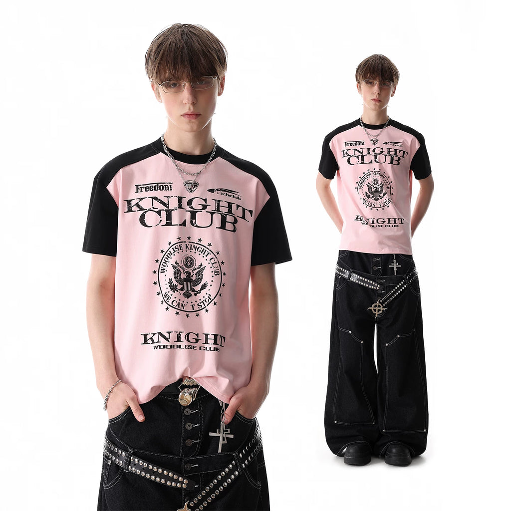 TREND ST light Asian style letter print contrasting front shoulder t-shirt short sleeved men's and women's summer boxy version short top