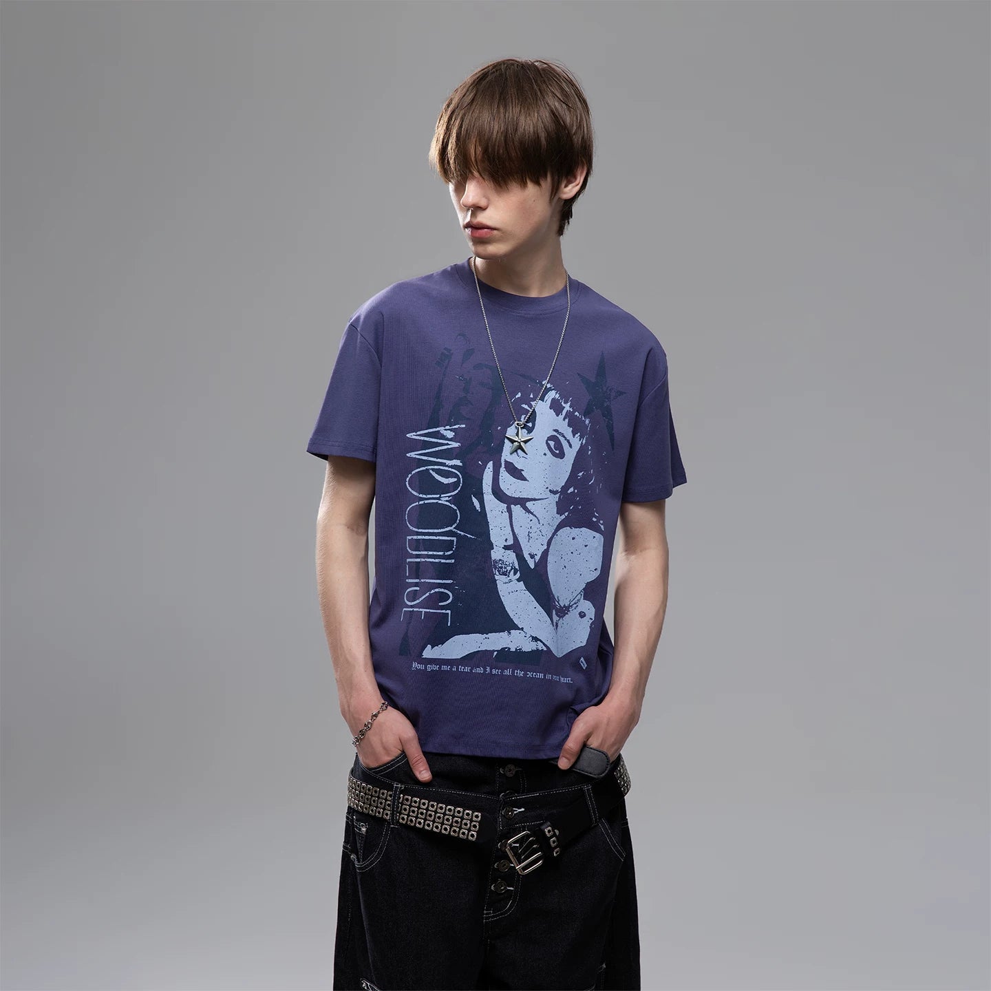 TREND ST Street Light Asian Punk Character Printed Short sleeved T-shirt for Men and Women Summer Boxy Shoulder Couple Top