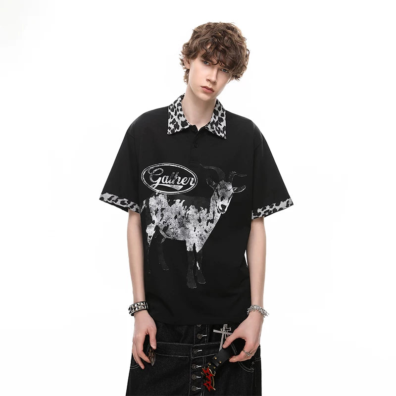 Trendy block American retro leopard print patchwork lapel T-shirt short sleeved men's summer loose goat print polo shirt